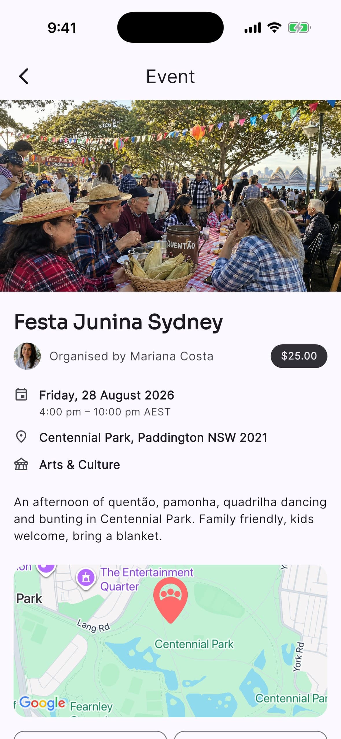 The Festa Junina Sydney event page, with the organiser, the date, the place and a $25 ticket
