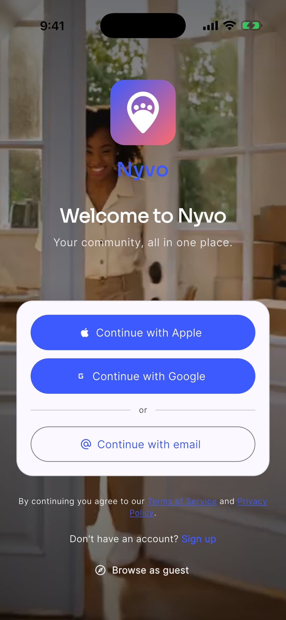 The Nyvo welcome screen on a phone, with buttons to continue with Apple, Google or email