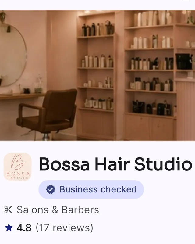 A Nyvo business page: Bossa Hair Studio in Sydney, a checked business rated 4.8 from 17 reviews.