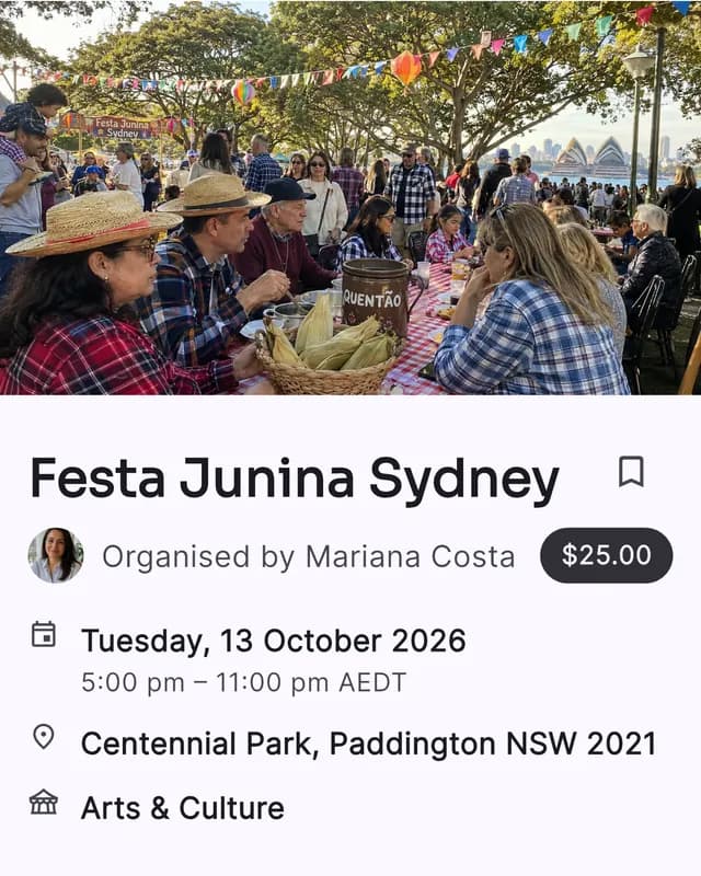 A Nyvo event page: Festa Junina Sydney in Centennial Park, $25, organised by Mariana Costa.