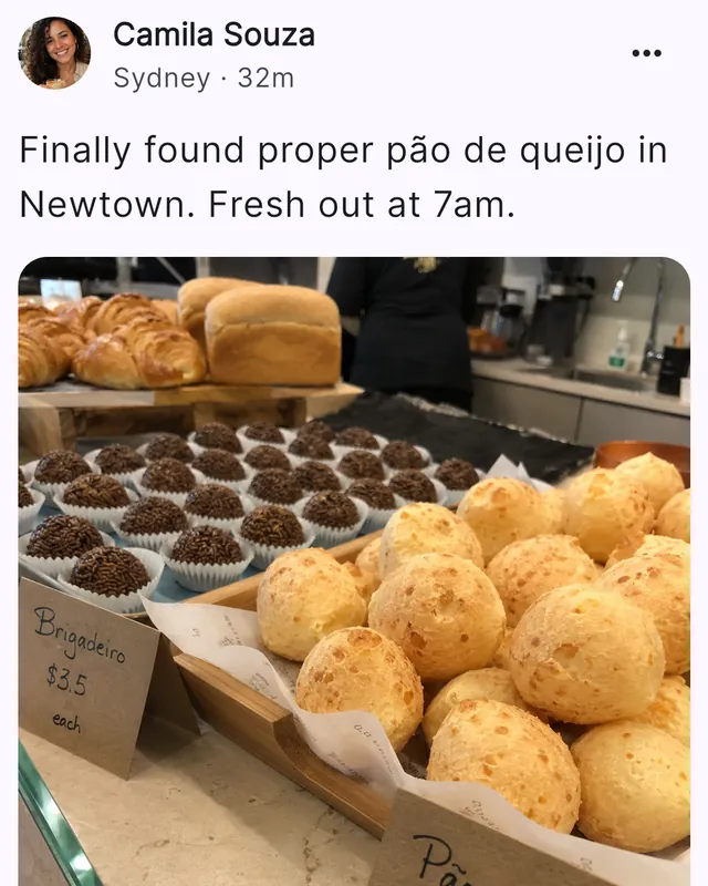 A post on the Nyvo feed: Camila in Sydney found fresh pão de queijo in Newtown, with a photo of the bakery counter.