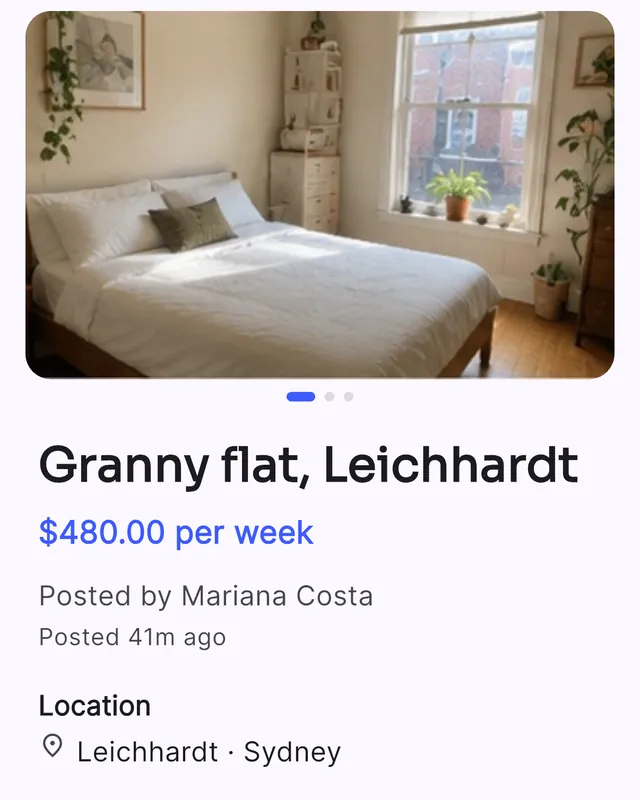 A Nyvo housing post: a granny flat in Leichhardt for $480 per week.