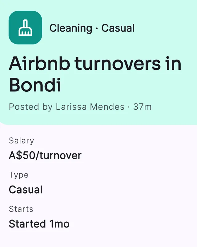 A Nyvo job post: casual Airbnb cleaning in Bondi, paying A$50 per turnover.