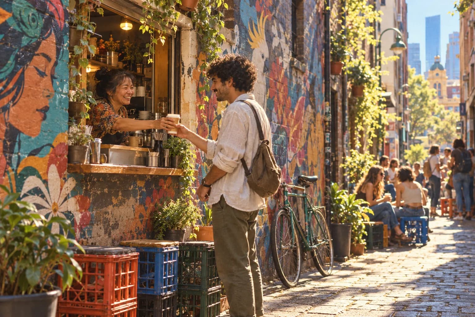 A customer buying a coffee from a small café window in a painted Melbourne laneway