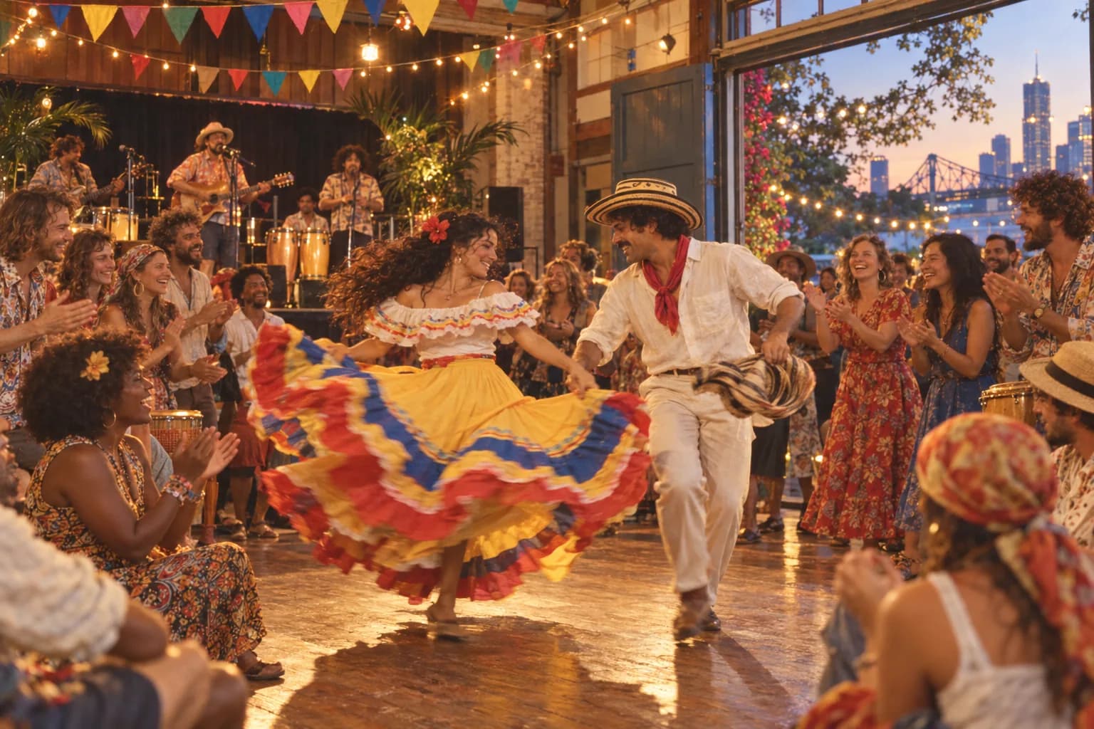 Two people dancing in bright clothes at a cultural night in Brisbane while a crowd claps