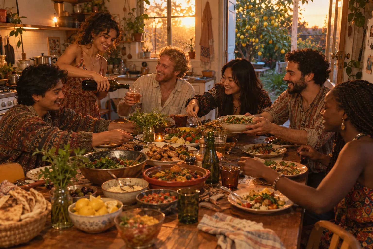 Housemates sharing a big home-cooked dinner around one table in Perth