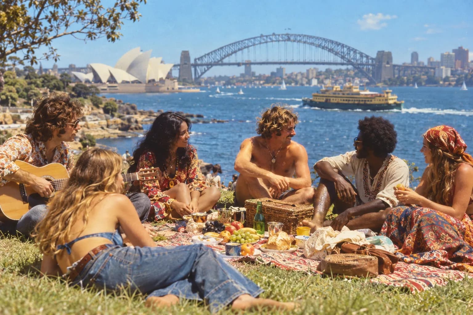 Friends having a picnic on the grass, with the Sydney Harbour Bridge and the Opera House behind them